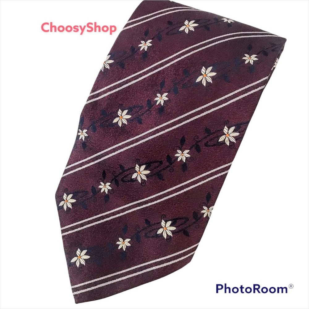 VERSACE Silk Tie Plum Background White Flowers & Stripes